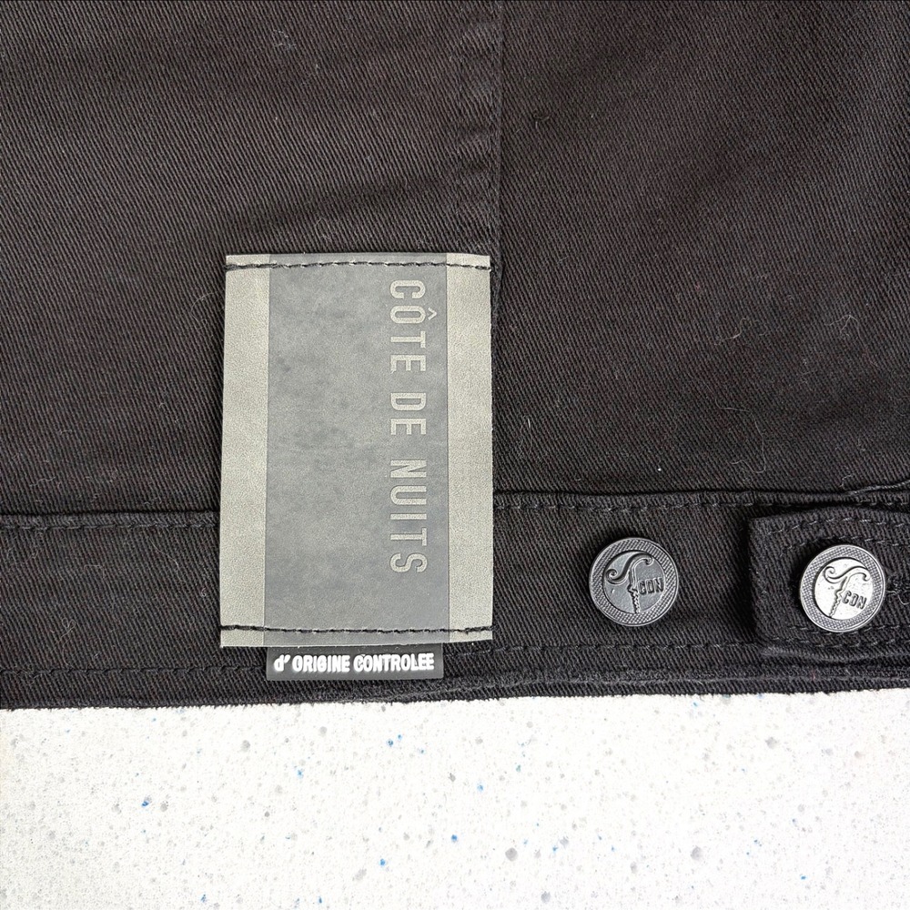 Distressed Black Denim Trucker Jacket "Guerre Et Paix" Red Underlay Grunge L - Picture 13 of 13